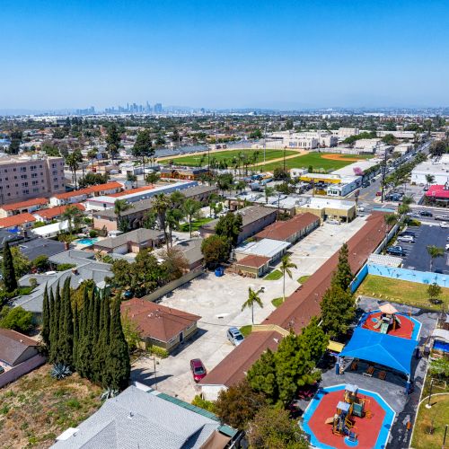 Aerial view of a suburban neighborhood featuring houses, parks, and distant skyscrapers under a clear blue sky.